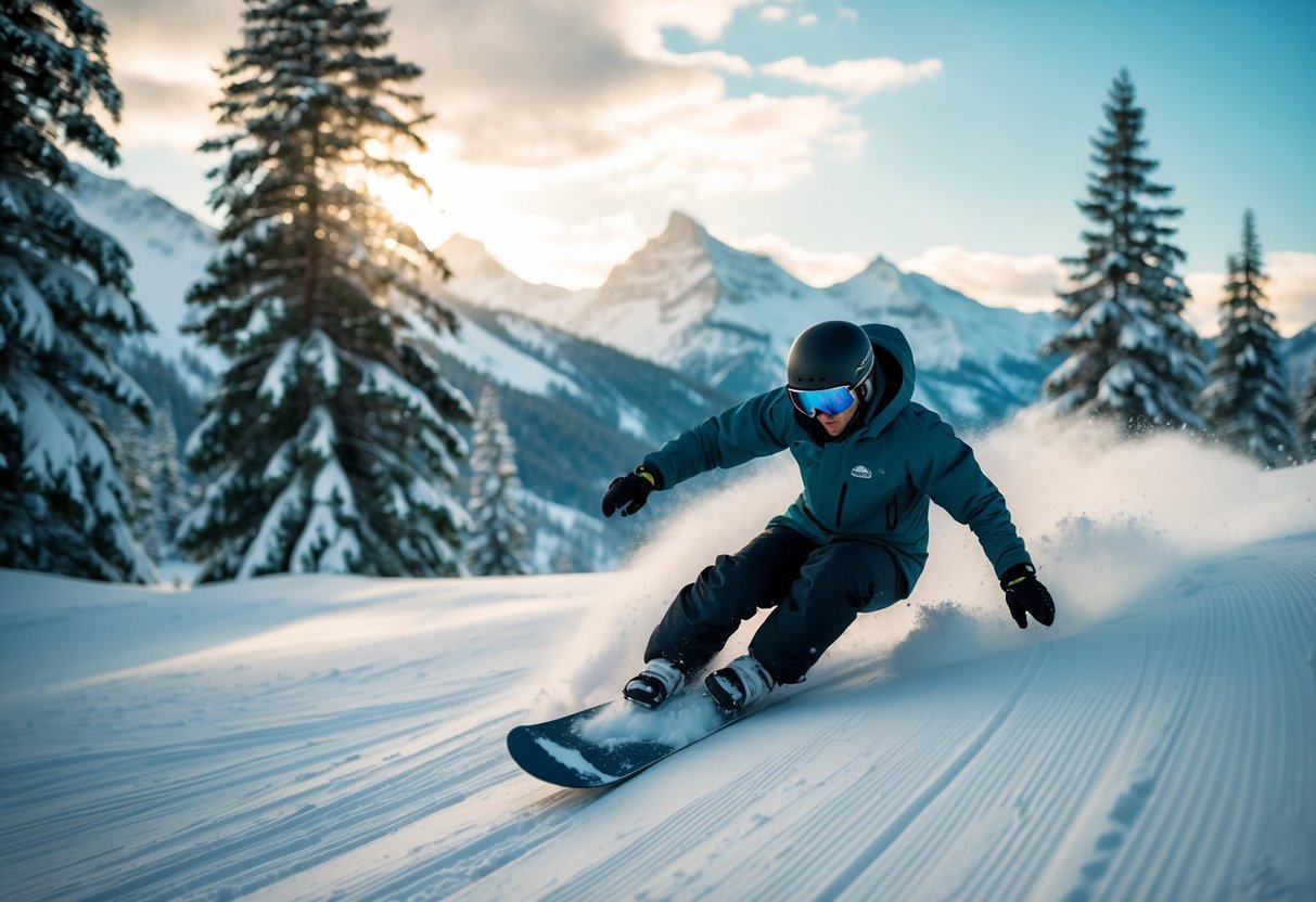 A snowboarder carving through fresh powder, surrounded by towering mountains and pine trees, with the sun casting a warm glow over the winter landscape