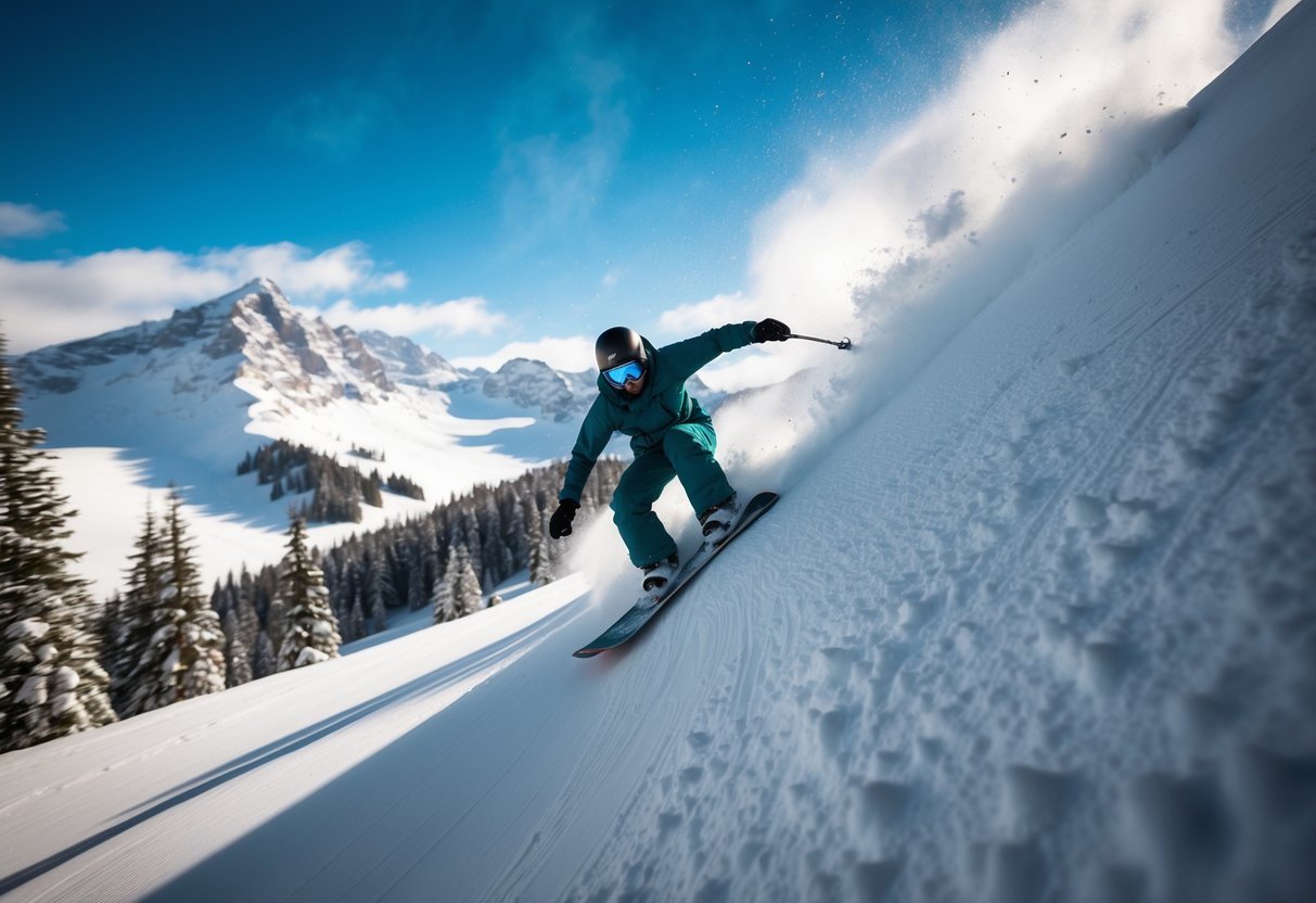 A snowboarder carving down a steep mountain, surrounded by snowy peaks and evergreen trees, with a clear blue sky overhead