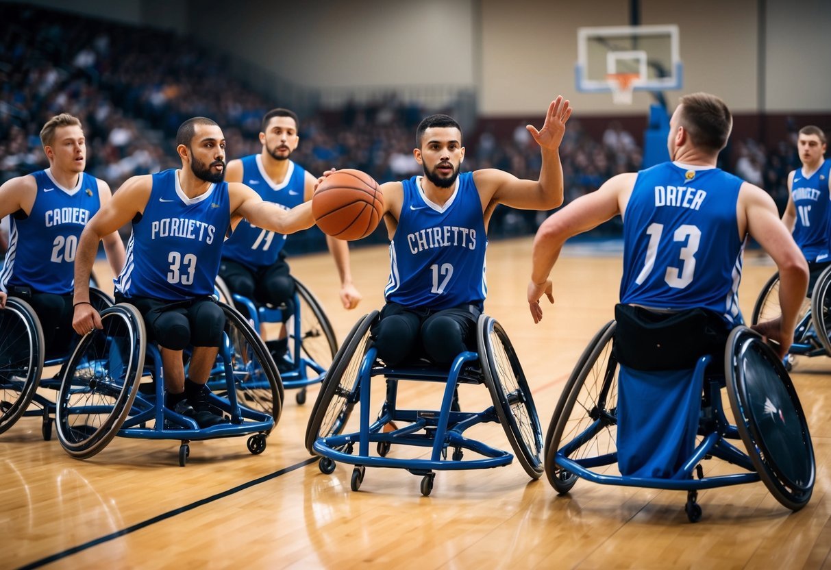 A group of athletes in wheelchairs compete on a basketball court, dribbling, passing, and shooting with precision and agility