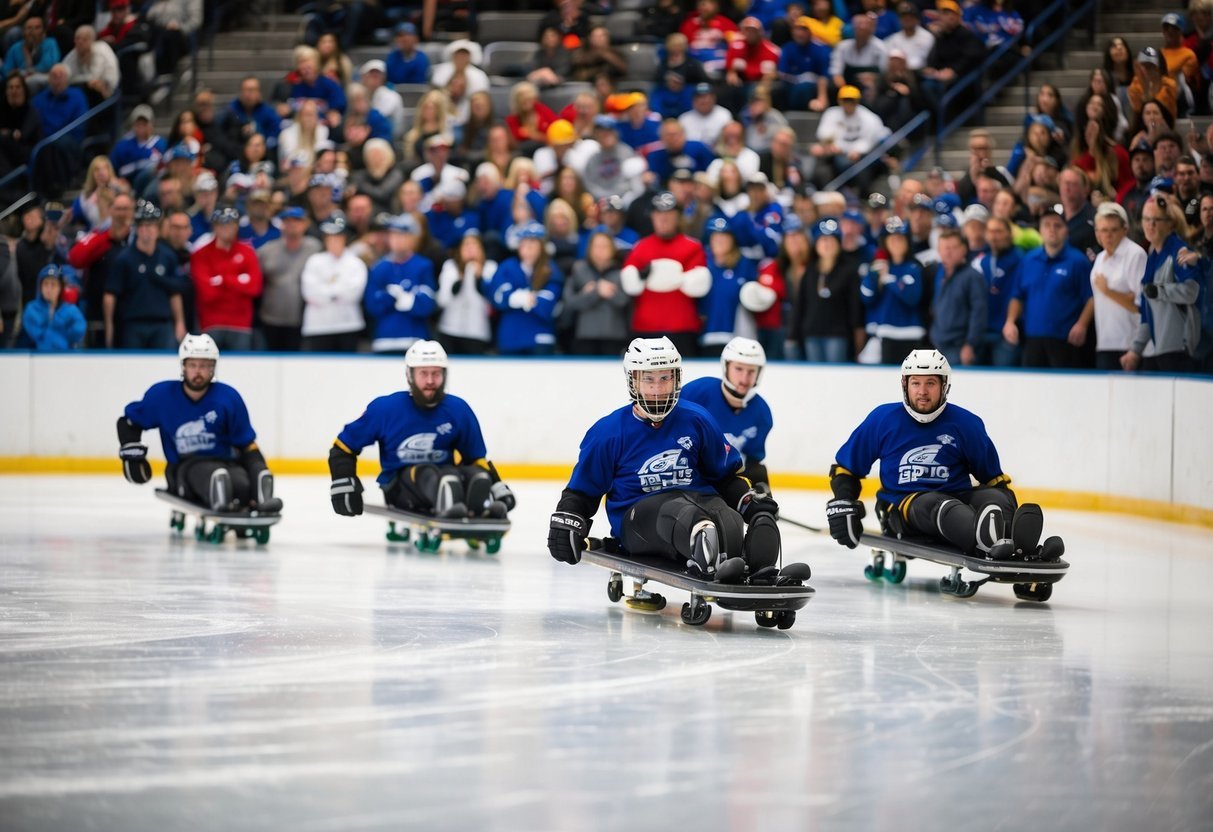 A group of sled hockey players practice on a rink, surrounded by a diverse crowd of enthusiastic spectators.</p><p>The players move swiftly and skillfully, showcasing the sport's rapid growth and increasing popularity