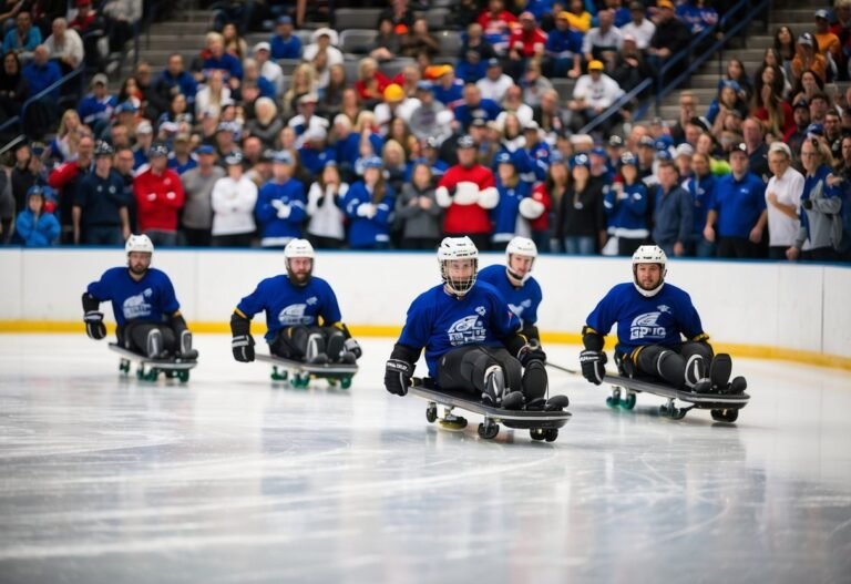Five athletes on sleds playing ice hockey in front of a crowd