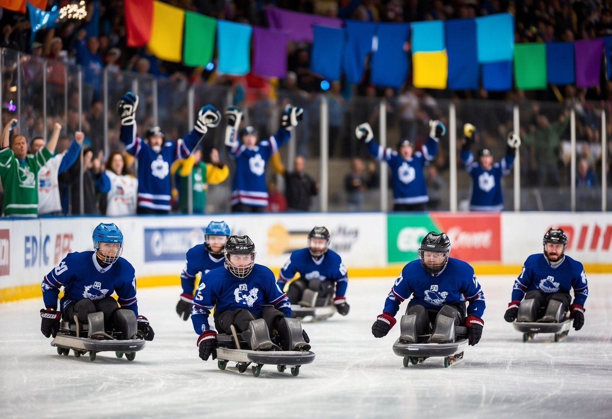A group of sled hockey players compete on the ice, surrounded by cheering fans and colorful banners, showcasing the growth of the sport