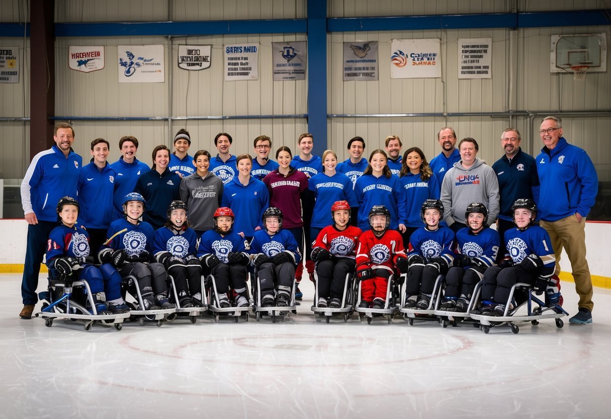 A group of diverse and enthusiastic young athletes gather around a sled hockey rink, while coaches and volunteers work together to expand youth programs
