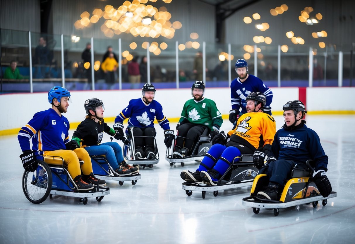 A diverse group of people of all abilities and ages playing sled hockey on a rink, with improved accessibility features such as ramps and adaptive equipment