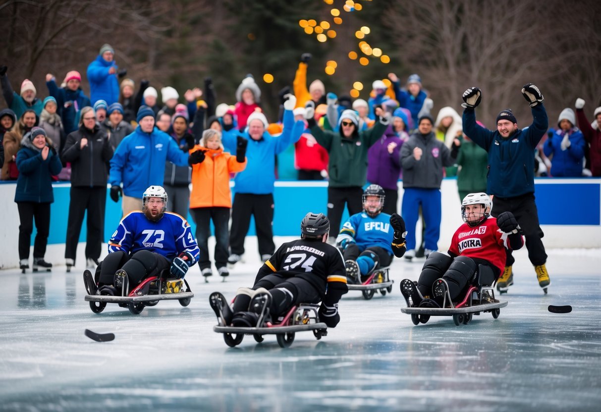 A diverse group of people of all ages and abilities playing sled hockey on a frozen pond, surrounded by cheering spectators and supportive community members