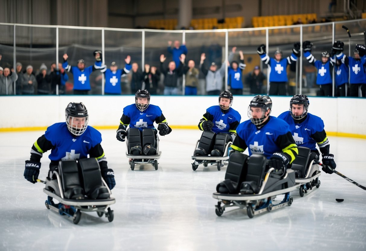 A group of sled hockey players practicing on an ice rink, surrounded by enthusiastic spectators.</p><p>The players demonstrate skill and teamwork, showcasing the growth of the sport