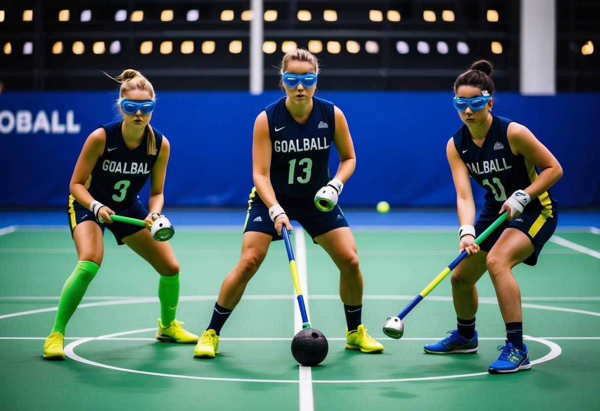 A goalball court with three players on each team wearing eyeshades, using a ball with bells, and employing unique defensive and offensive tactics