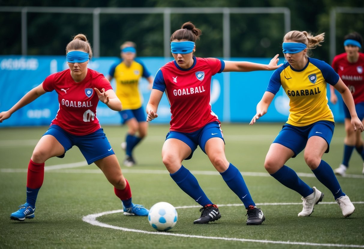 Three teams compete in a goalball match, using unique tactics and following six interesting rules.</p><p>The players wear blindfolds and use their sense of hearing to locate the ball and score goals