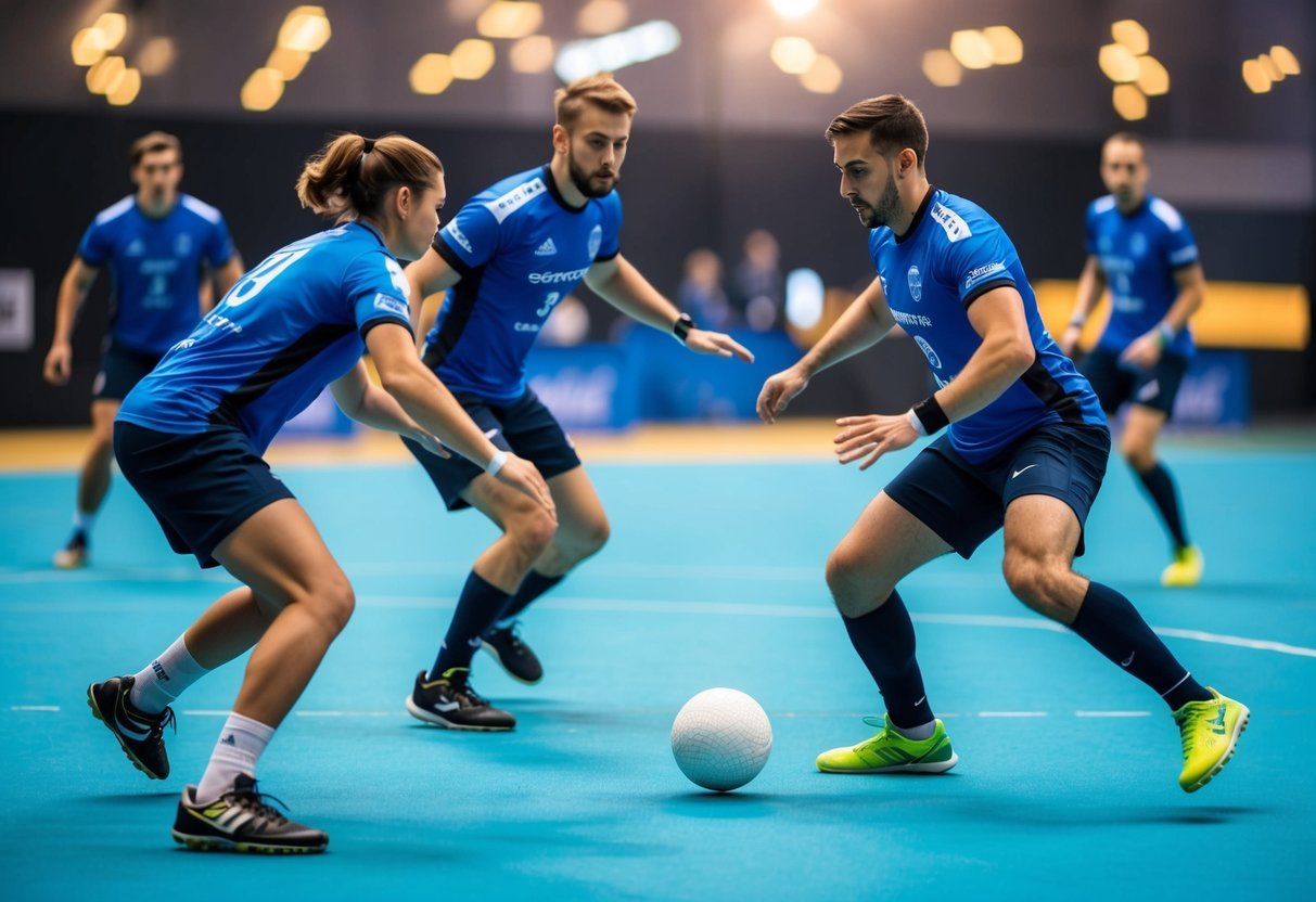 Players in a goalball match use echolocation to handle the ball, following unique rules and tactics.</p><p>The scene shows the intense gameplay and strategic movements of the players