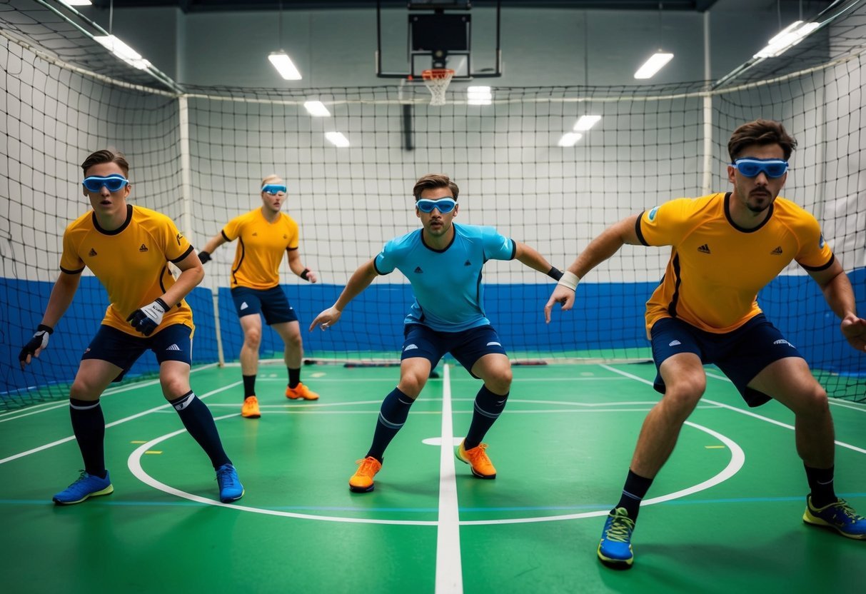 A goalball court with players using unique tactics and following interesting rules, wearing eyeshades