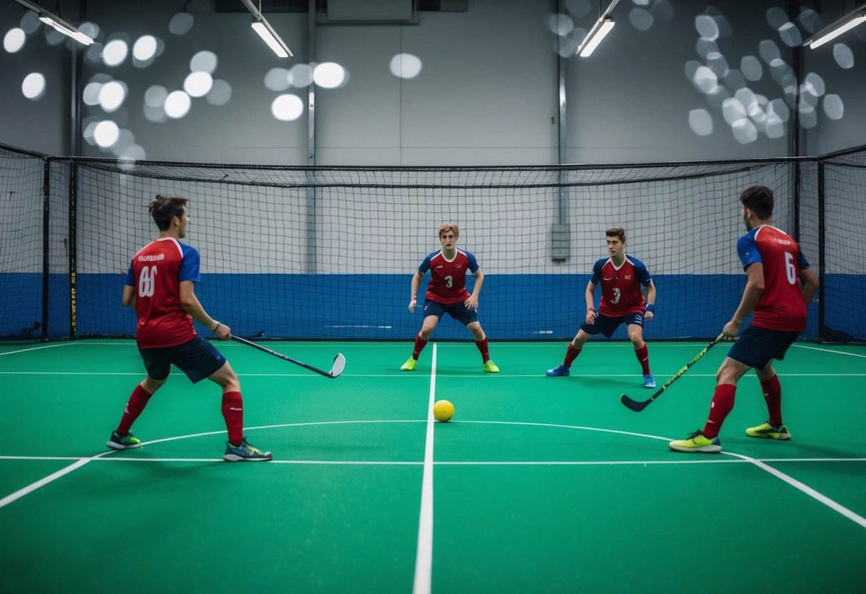 A goalball court with players in motion, using unique tactics and following Rule 6 in a quiet, focused atmosphere