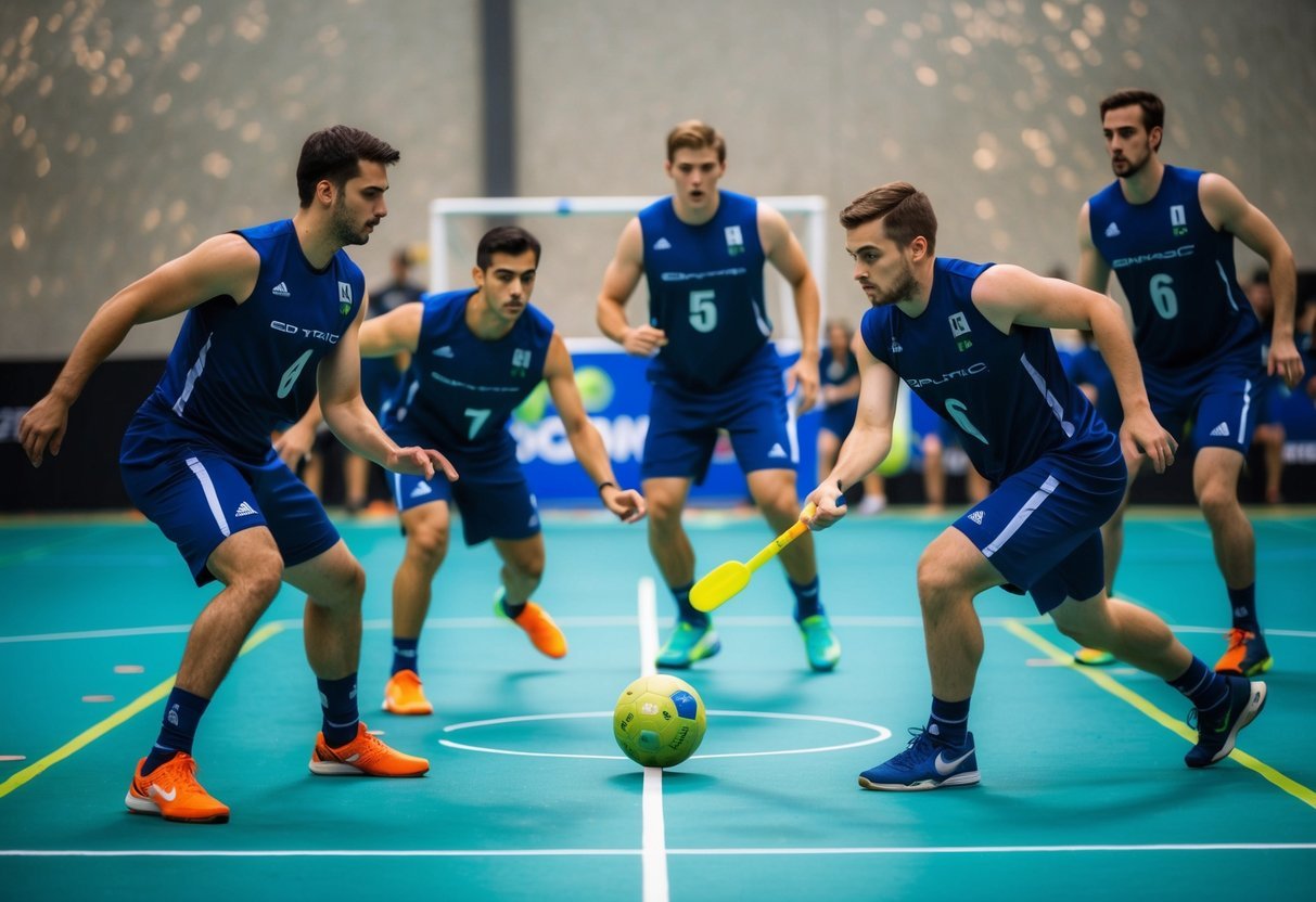 A group of athletes in a goalball court, using tactics and strategies unique to the game.</p><p>The players are focused and engaged in the intense competition