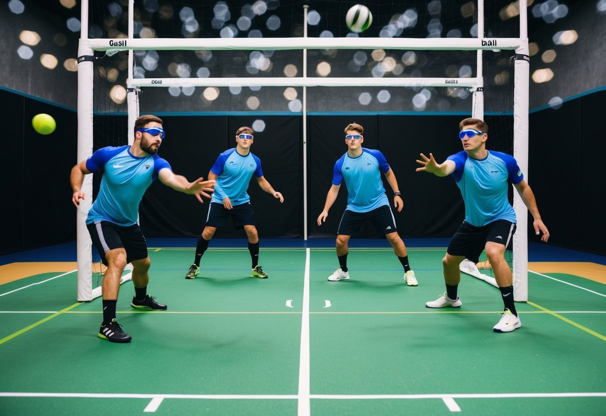 A goalball court with tactile lines, goalposts, and three players on each side wearing eyeshades, throwing and blocking the ball using sound and teamwork