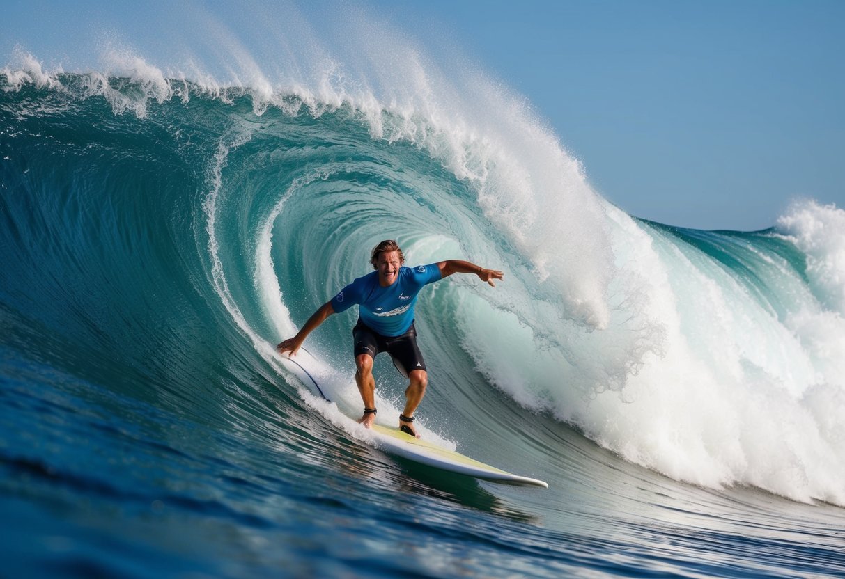 A surfer conquers a towering wave, defying limitations and embodying the spirit of resilience and determination in the adaptive surfing community