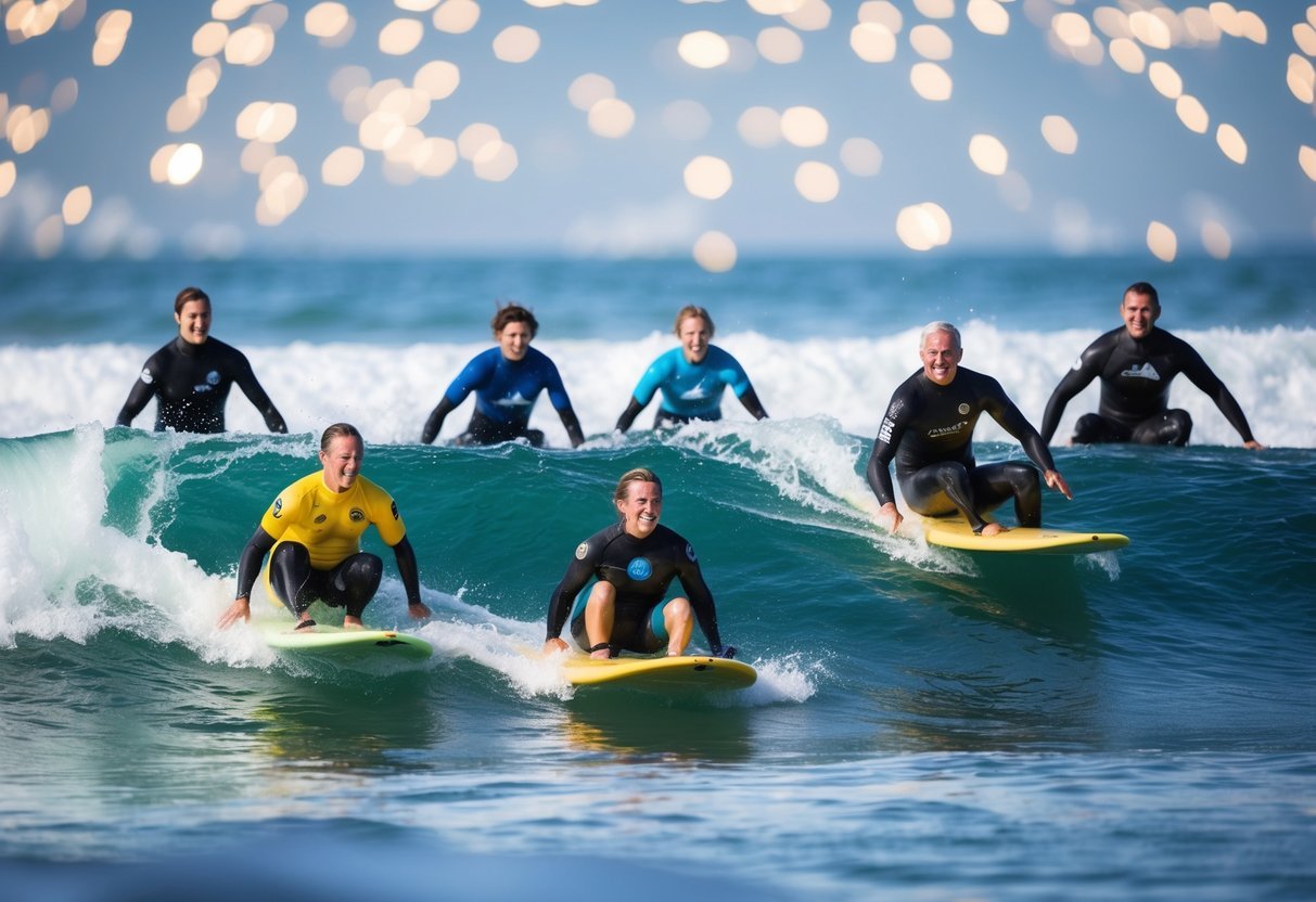 A group of surfers with varying abilities catch waves together, showing the inclusive and supportive nature of the adaptive surfing community