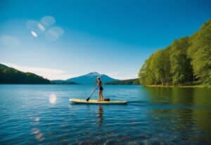Woman paddleboarding on a lake with mountains and trees in the background