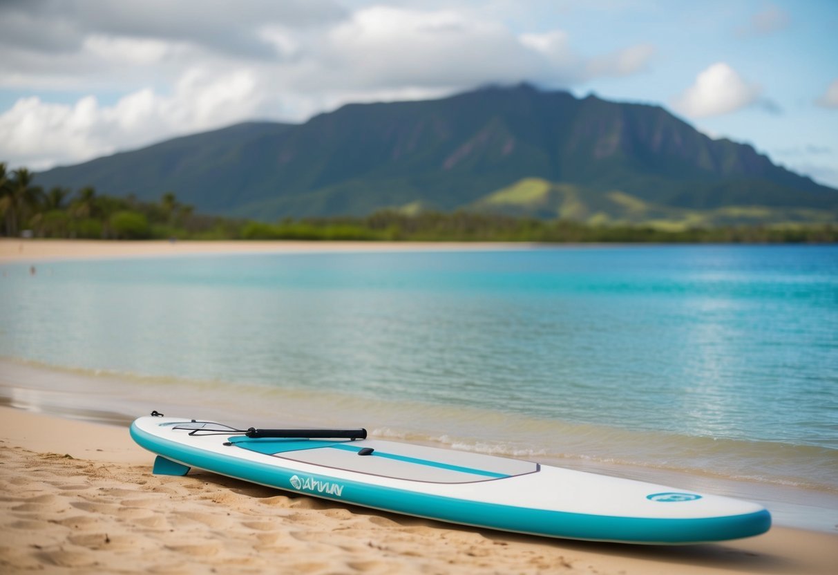 A serene beach with calm, clear waters and a distant view of Hawaii's lush green mountains.</p><p>A paddleboard rests on the shore, ready for use