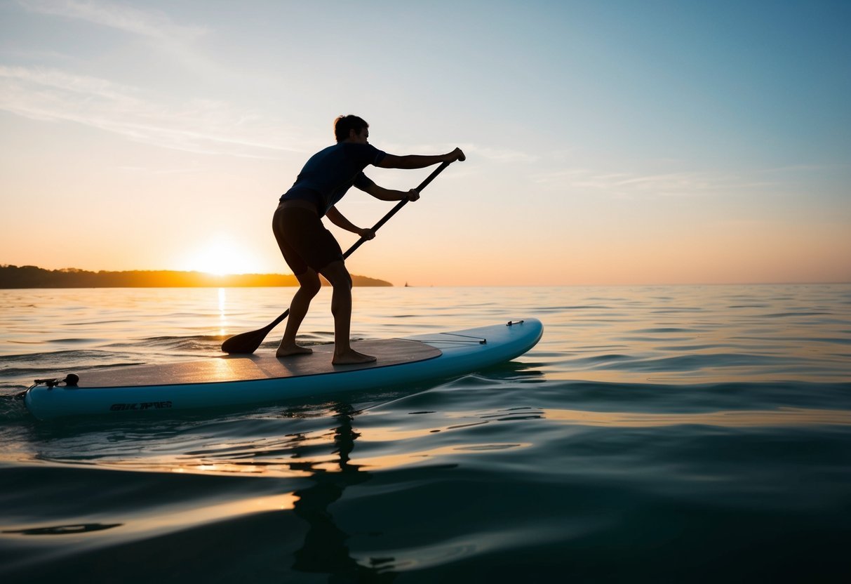 A lone figure glides across the glassy surface of the ocean on a stand-up paddleboard, the sun setting behind them, casting a warm orange glow over the water