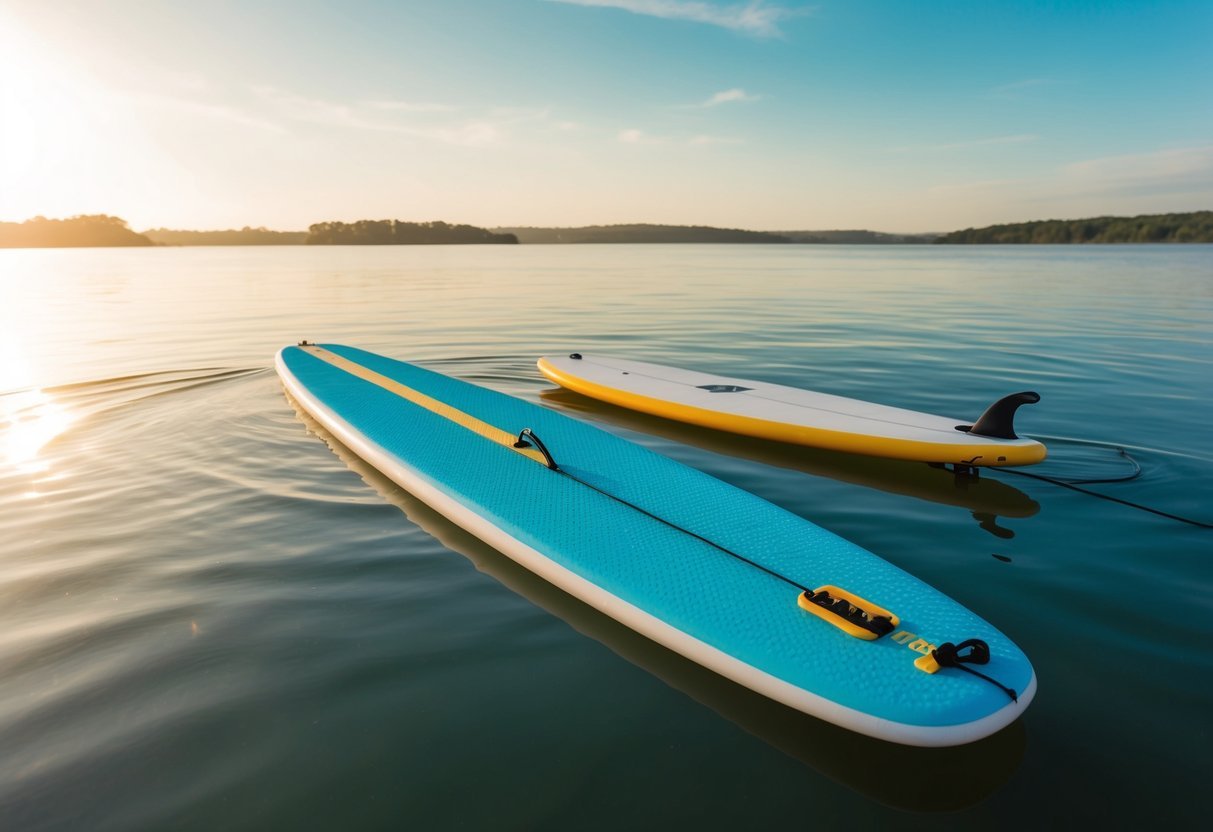 A SUP board floats on calm water, its elongated shape contrasting with a traditional surfboard nearby.</p><p>The sun casts a warm glow on the scene