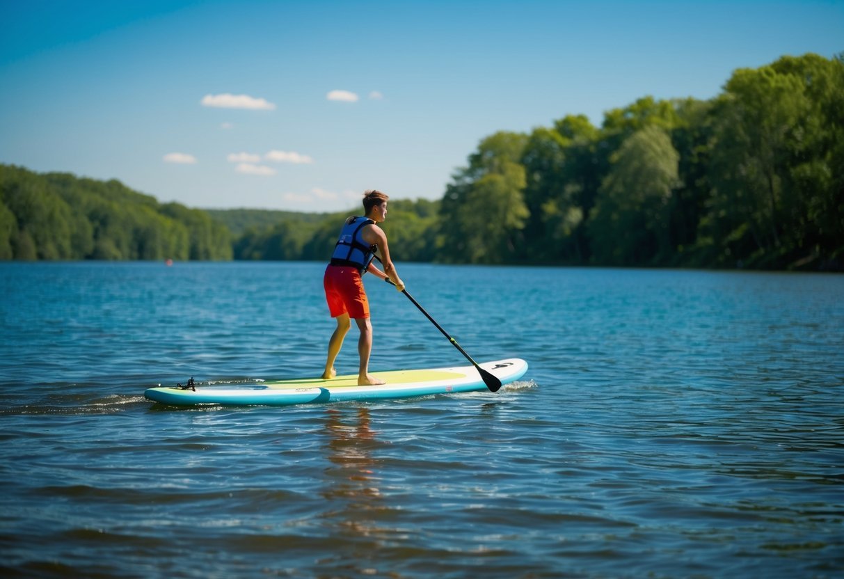 A serene lake with a lone paddleboarder gliding across the water, surrounded by lush green trees and a clear blue sky