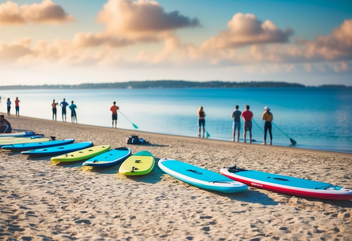 A colorful beach with calm water, a line of stand-up paddleboards along the shore, and people watching from the sand