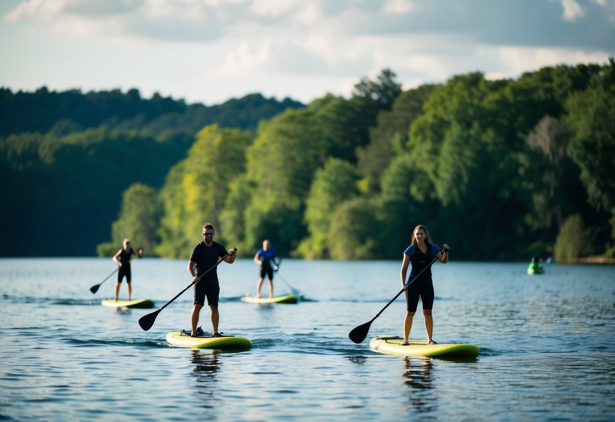A serene lake with paddleboarders gliding across the water, surrounded by lush greenery and calm, reflective waters