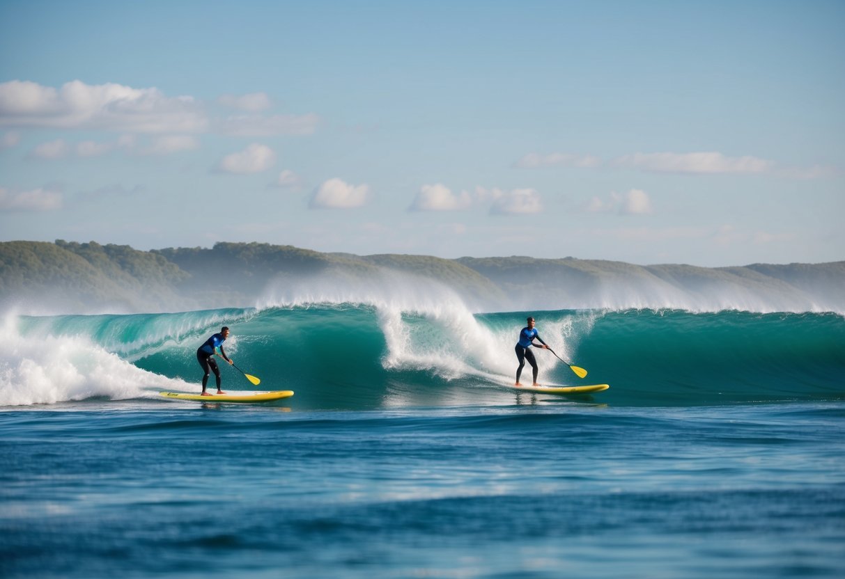 Advanced paddlers surf on SUP boards amidst a backdrop of rolling waves and a clear blue sky, showcasing the rise of stand-up paddleboarding