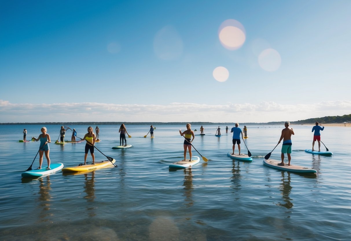 A serene beach with calm waters and a clear blue sky, where people of various ages and backgrounds enjoy stand-up paddleboarding