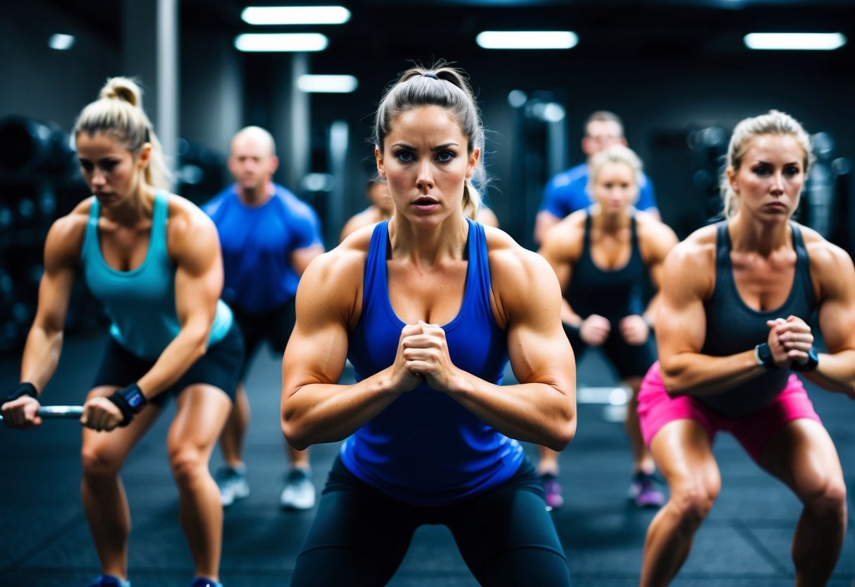 A group of people doing various CrossFit exercises in a well-equipped gym, with intense focus and determination on their faces