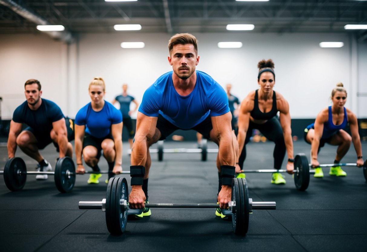 A group of athletes performing various CrossFit exercises in a spacious, well-lit gym, showcasing their strength, agility, and determination