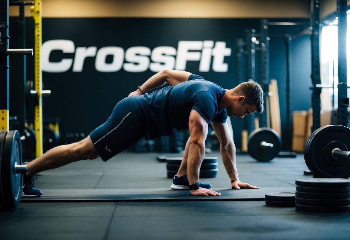 A person stretching in a gym, surrounded by equipment and weights, with a CrossFit logo displayed prominently