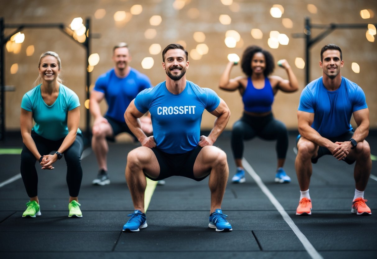 A group of diverse individuals engage in various CrossFit exercises, showcasing improved coordination and enjoying the health benefits of the workout