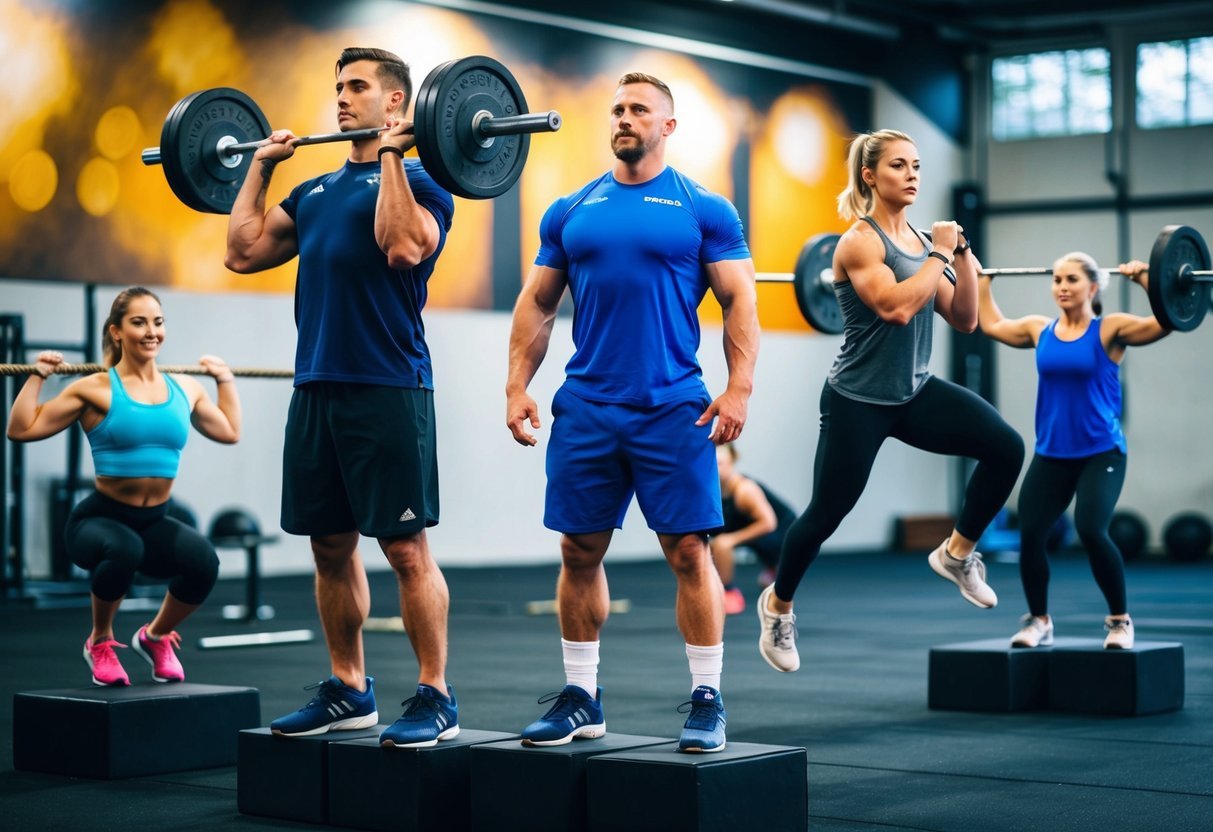 A group of people engaged in various CrossFit exercises, such as weightlifting, box jumps, and rope climbing, with a backdrop of a gym environment