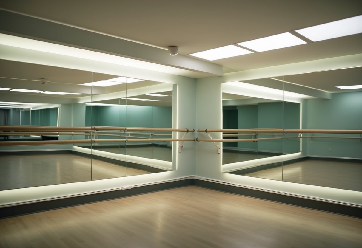 A serene studio with a ballet barre, soft lighting, and mirrors reflecting the peaceful atmosphere