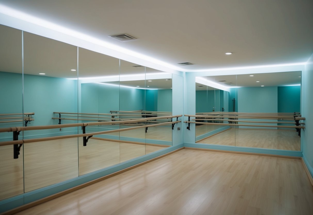 A serene studio with ballet barres, soft lighting, and calming colors.</p><p>Mirrors reflect the peaceful atmosphere, creating a sense of tranquility and focus