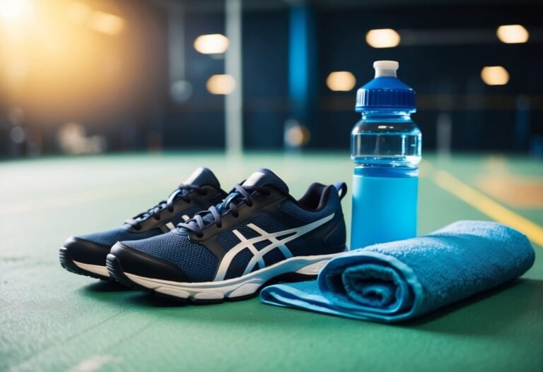 Pair of blue athletic shoes, water bottle, and towel on a court