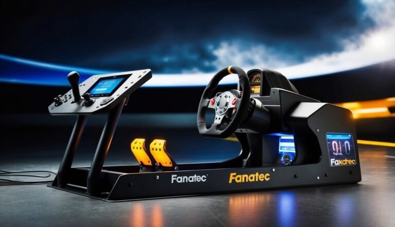 Fanatec racing simulator with steering wheel, pedals, and screens