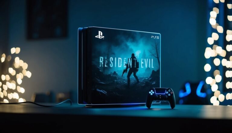 PlayStation 5 console with Resident Evil cover and controller
