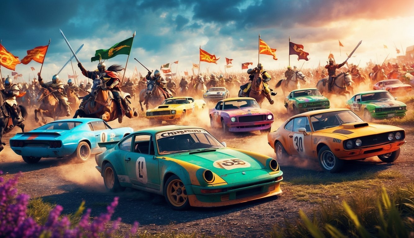 Cars race through a battlefield with knights on horseback