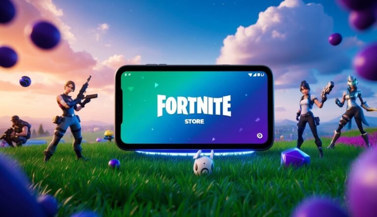 Fortnite Store app on a phone with characters in a grassy field
