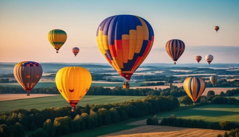 Colorful hot air balloons floating over a green and yellow landscape