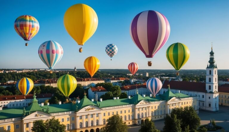 Colorful hot air balloons float over a city with a large building