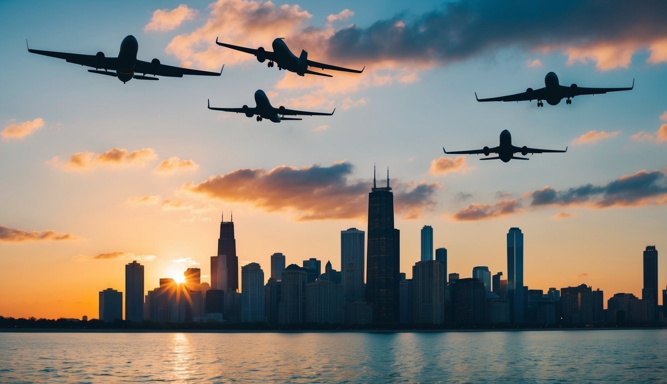 Five airplanes flying over Chicago skyline at sunset