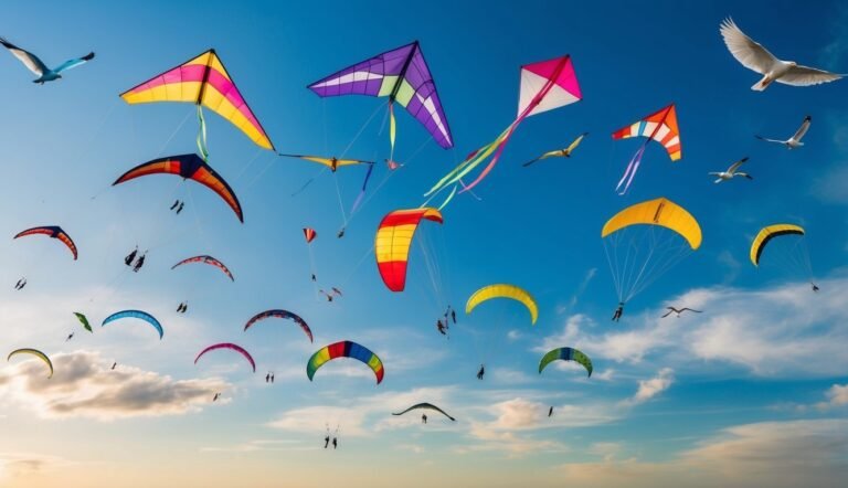 Colorful kites and paragliders soar in a bright blue sky with seagulls