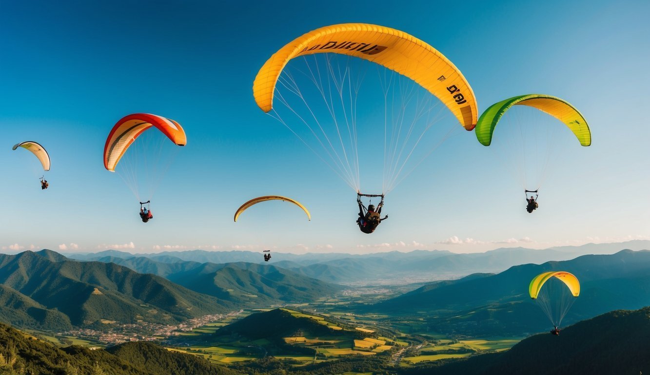 Several paragliders soar over a mountain range under a clear blue sky