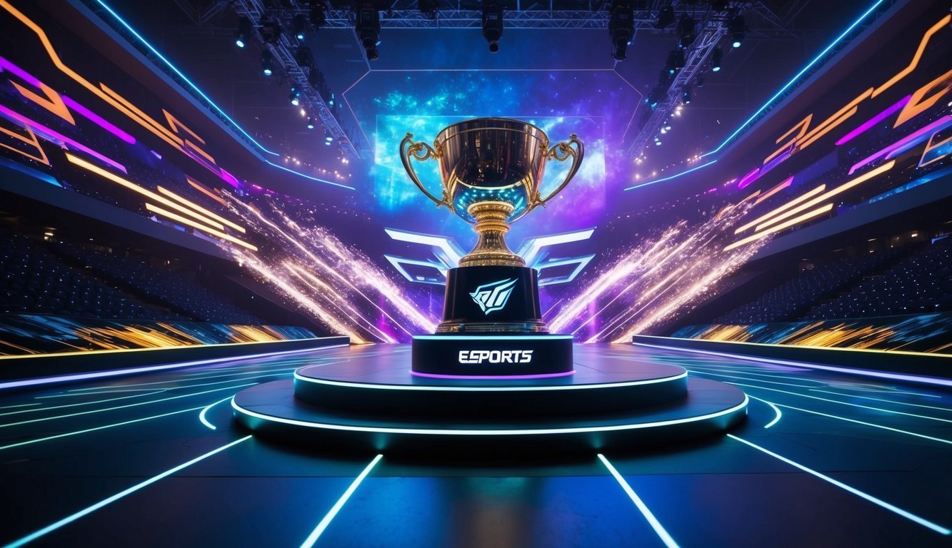 Golden trophy on stage in a futuristic esports arena with neon lights