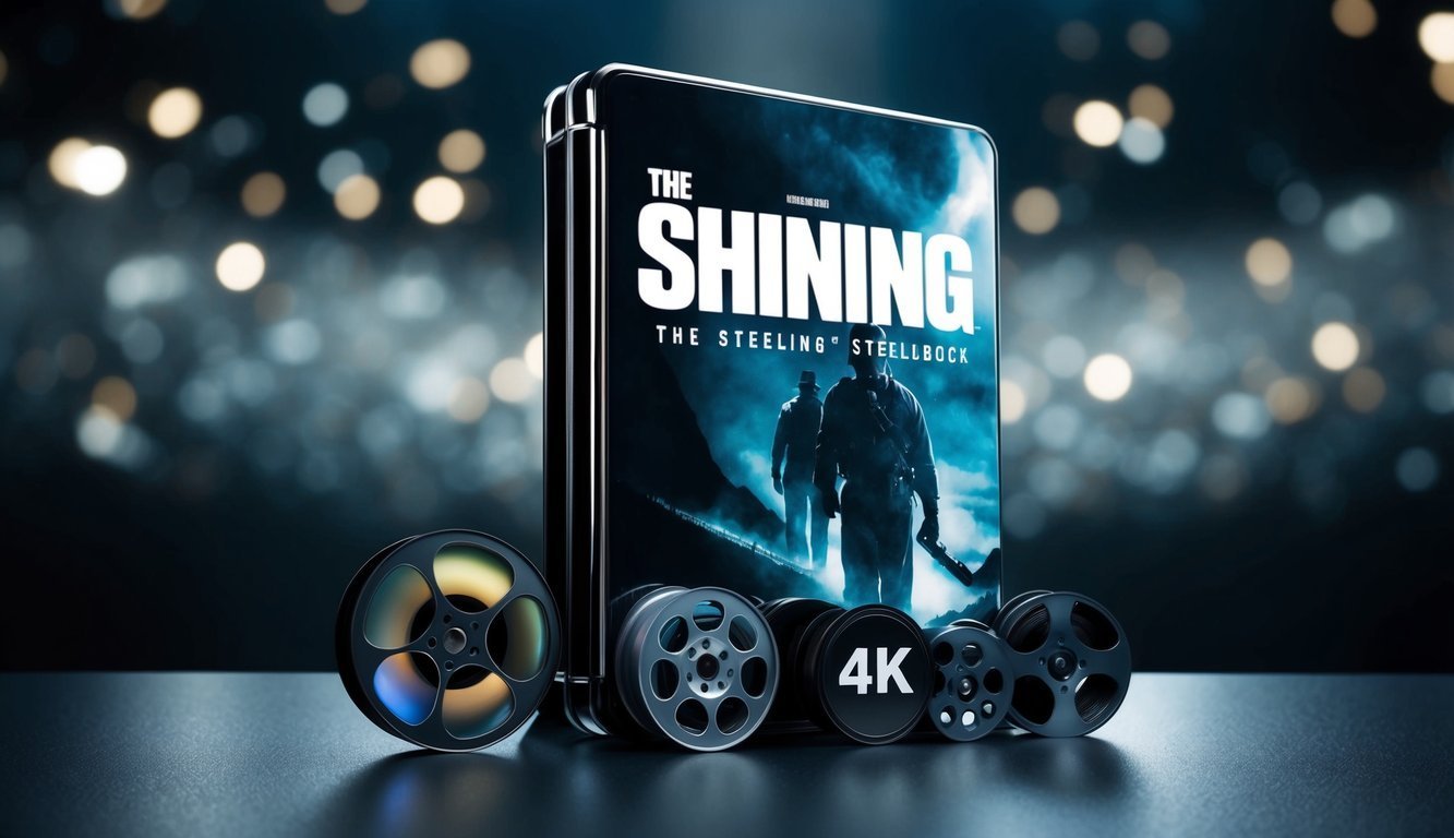The Shining" Steelbook with film reels, 4K, and a blurred background