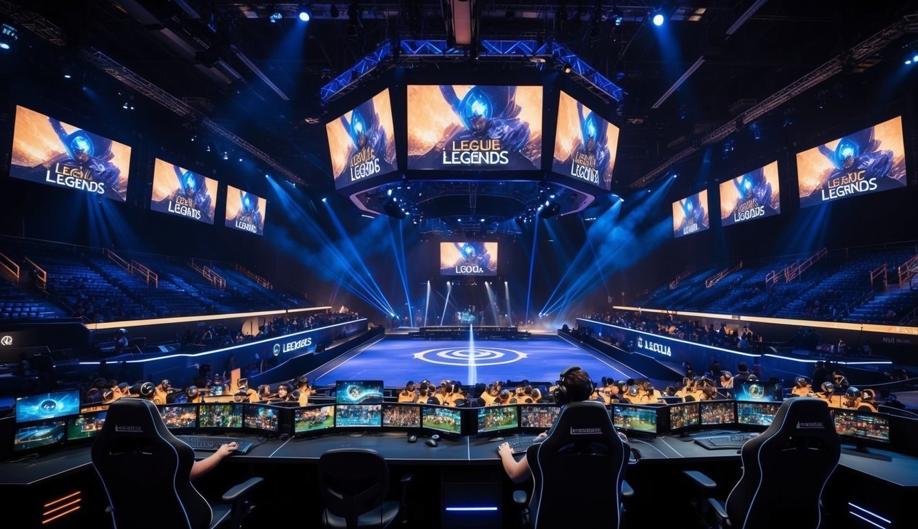 League of Legends esports arena with screens, players, and audience