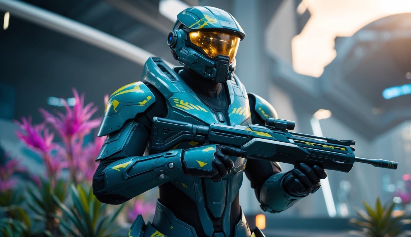A futuristic soldier in teal armor holding a rifle, standing outdoors