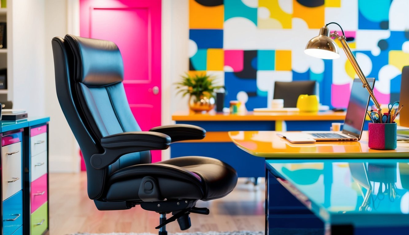Black office chair in a colorful, modern office setting